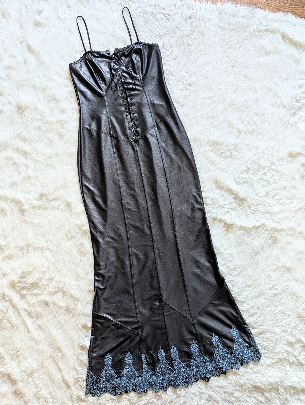 90s Lip Service Lace Up Corset Faux Leather Embroidered Vintage Maxi Dress